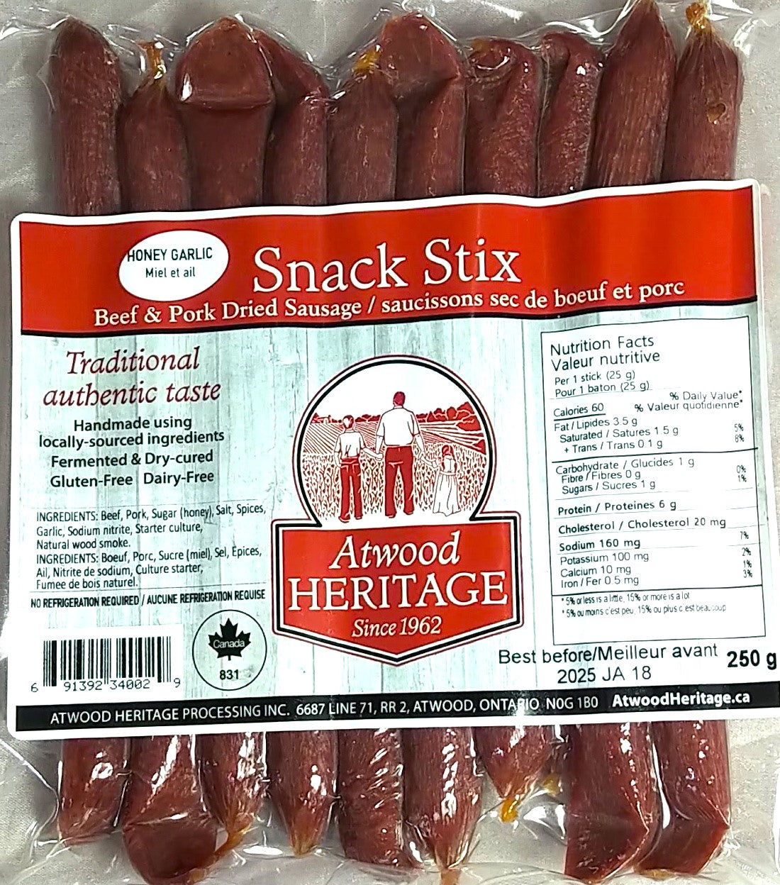 Atwood Heritage 10 Stick Meat Snack Honey Garlic 8/250g