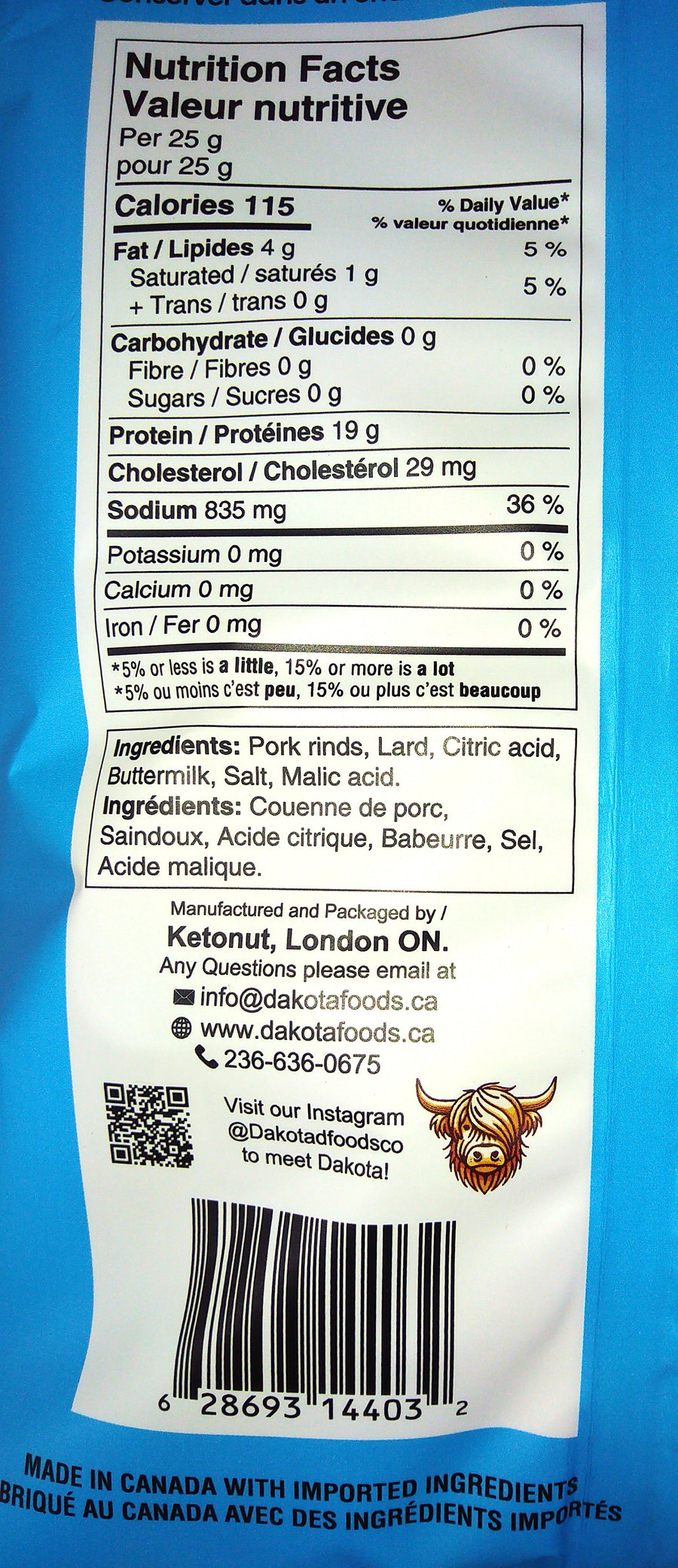 Dakota Pork Rinds Salt and Vinegar 12/50g