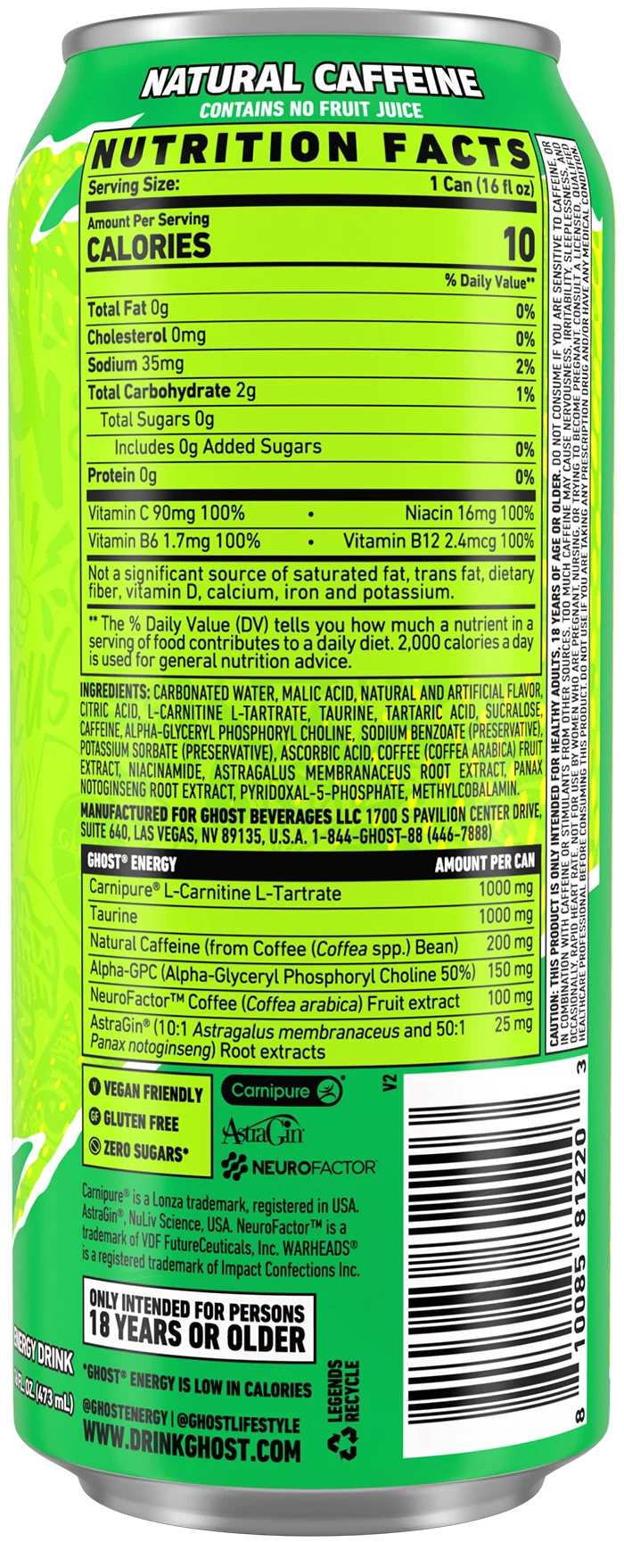 Ghost Energy Drink Warheads Green Apple 12/473ml